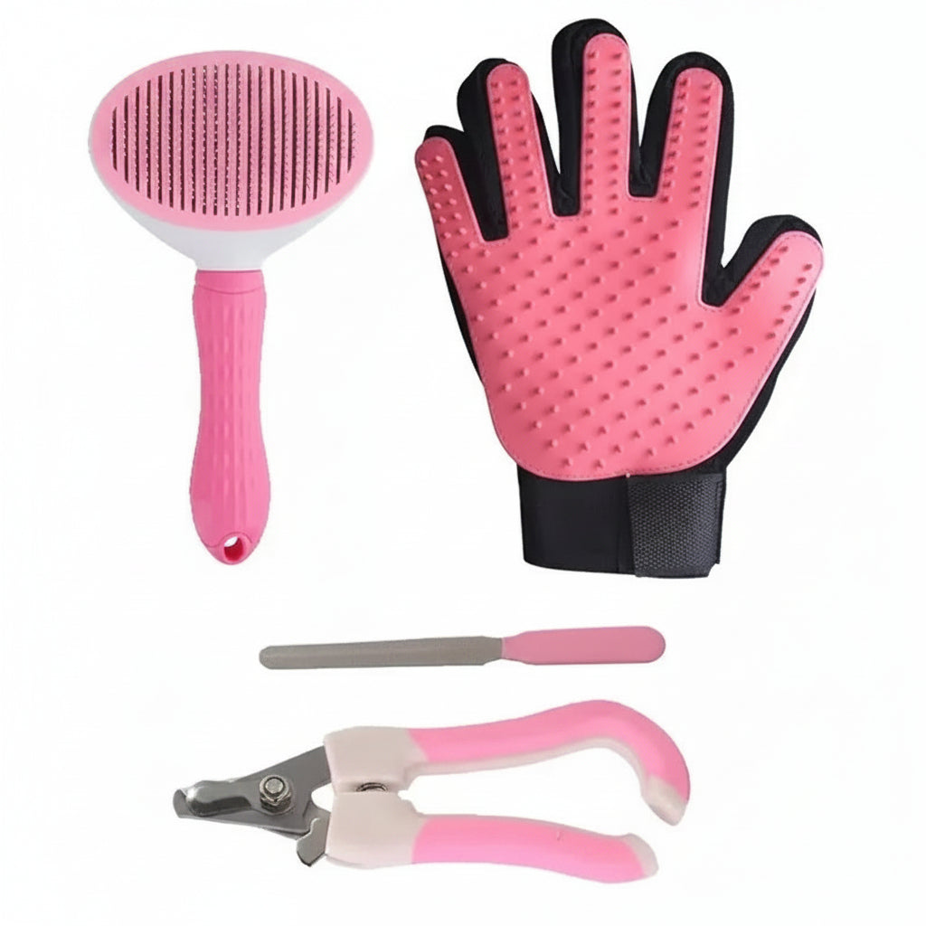 Pet Grooming Tool Kit - Self-Cleaning Brush & Nail Clippers Set