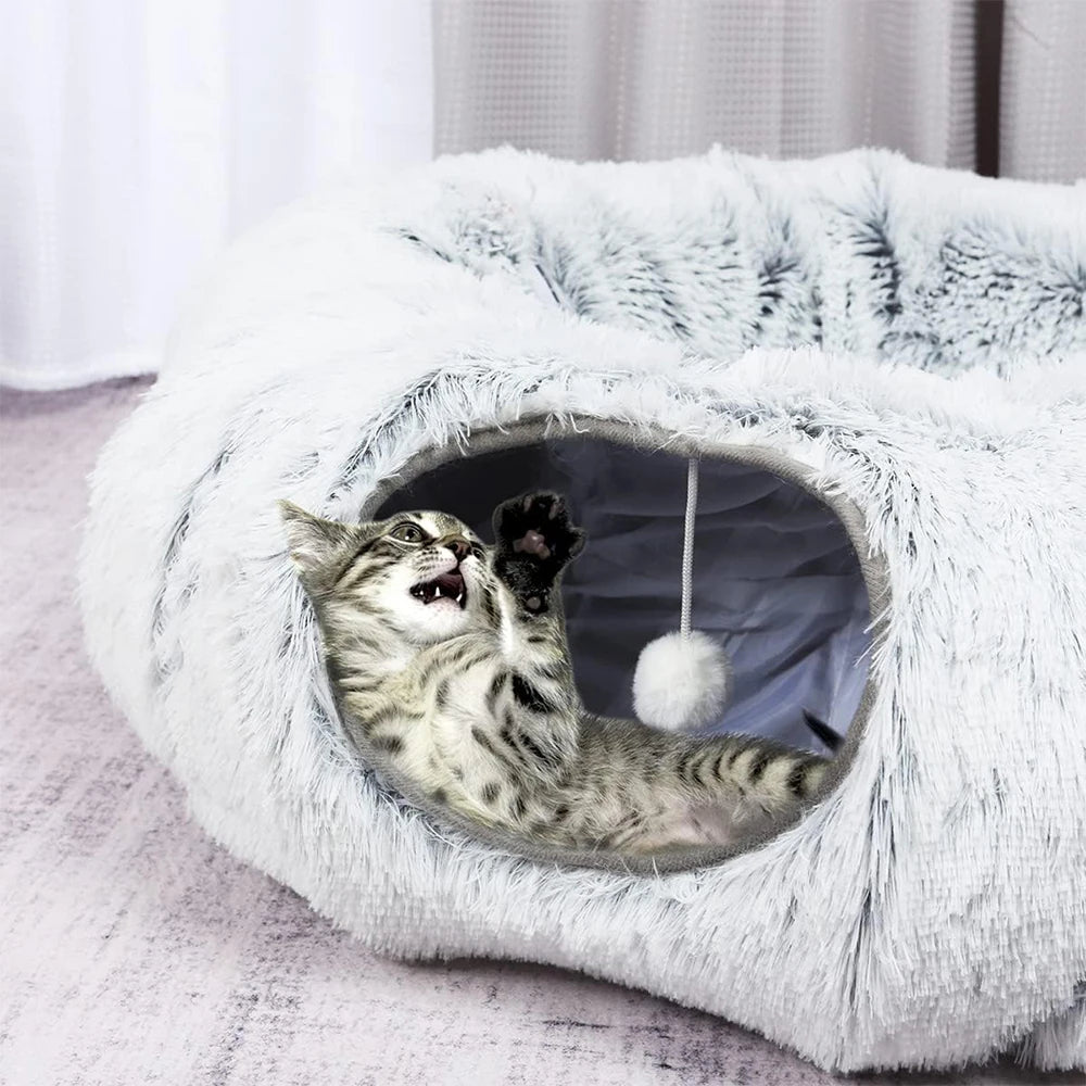 Winter Plush Cat Tunnel Bed - Foldable Two-in-One Pet Nest