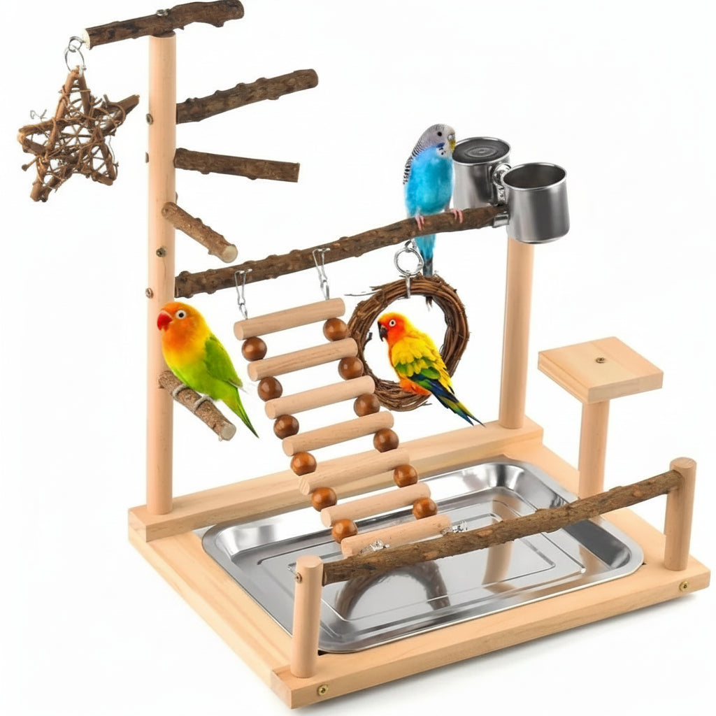 Parrot Activity Center - Wooden Bird Playstand With Swings & Ladder