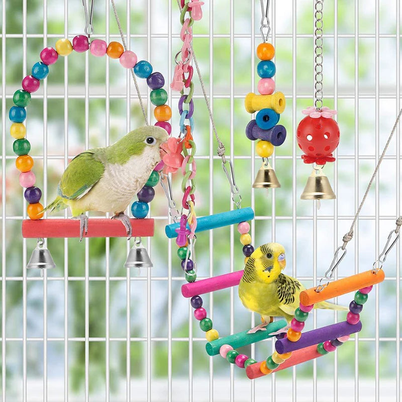 Bird Cage Toys 11 Piece Wooden Parrot Swing Set With Chewable Beads