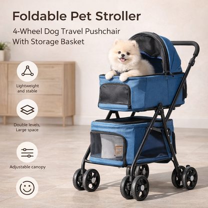 Foldable Pet Stroller 4-Wheel Dog Travel Pushchair With Storage Basket