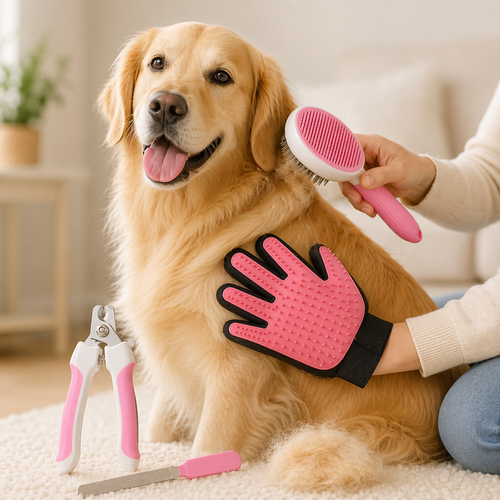Pet Grooming Tool Kit - Self-Cleaning Brush & Nail Clippers Set