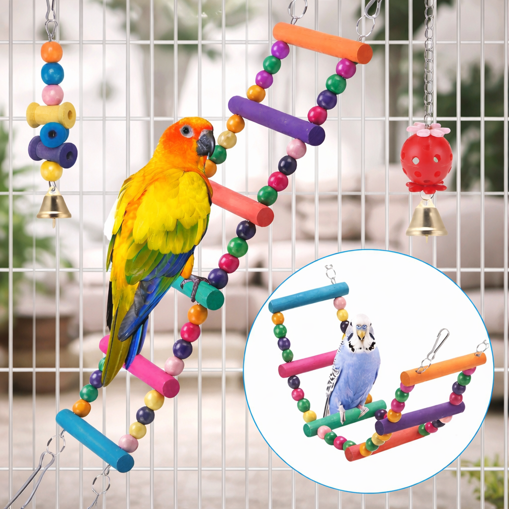 Bird Cage Toys 11 Piece Wooden Parrot Swing Set With Chewable Beads