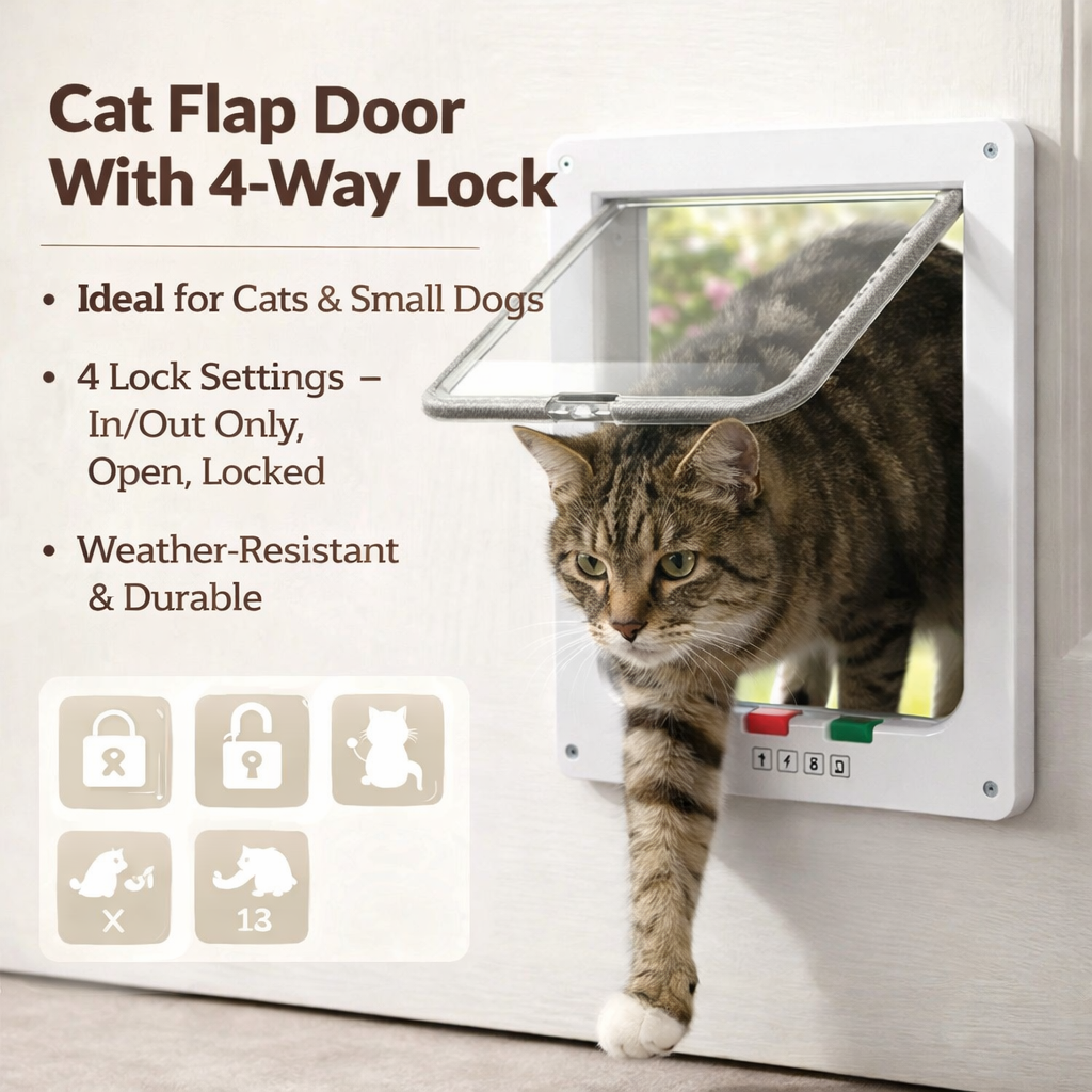 Cat Flap Door With 4-Way Lock - Pet Gate For Cats And Small Dogs