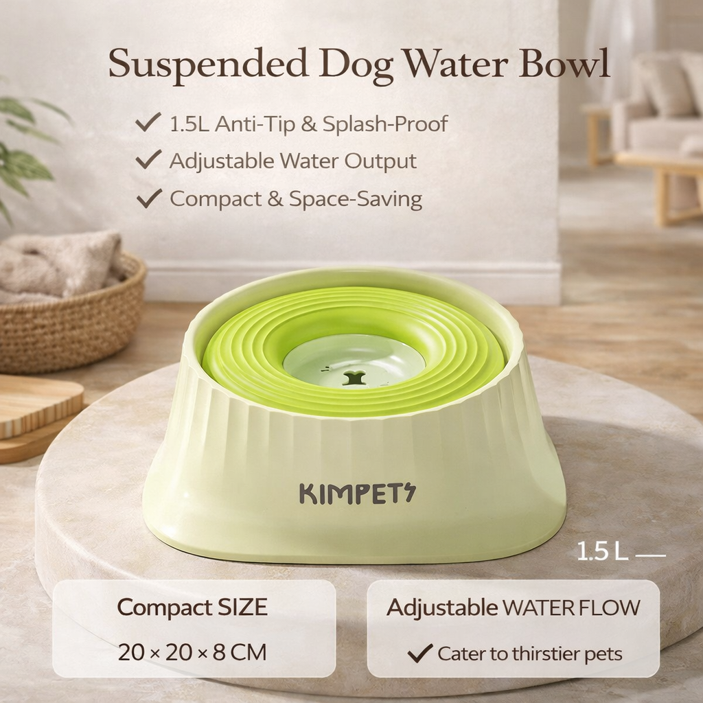Suspended Dog Water Bowl - 1.5L Anti-Tip Splash Proof Dispenser