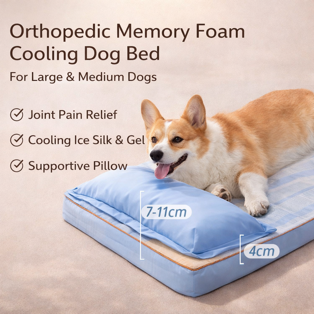Orthopedic Memory Foam Cooling Dog Bed With Pillow For Large Medium Dogs