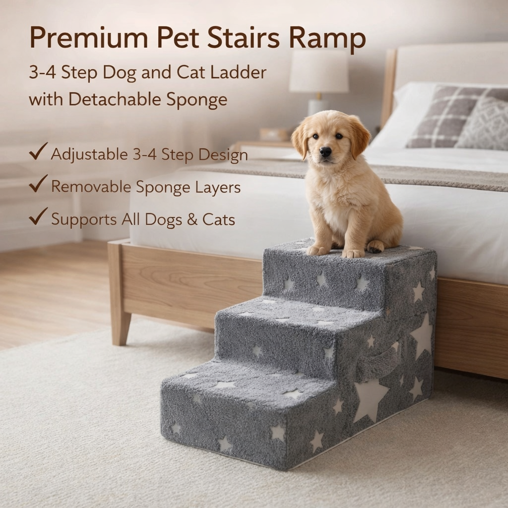 Pet Stairs Ramp 3-4 Step Dog Cat Ladder With Detachable Sponge
