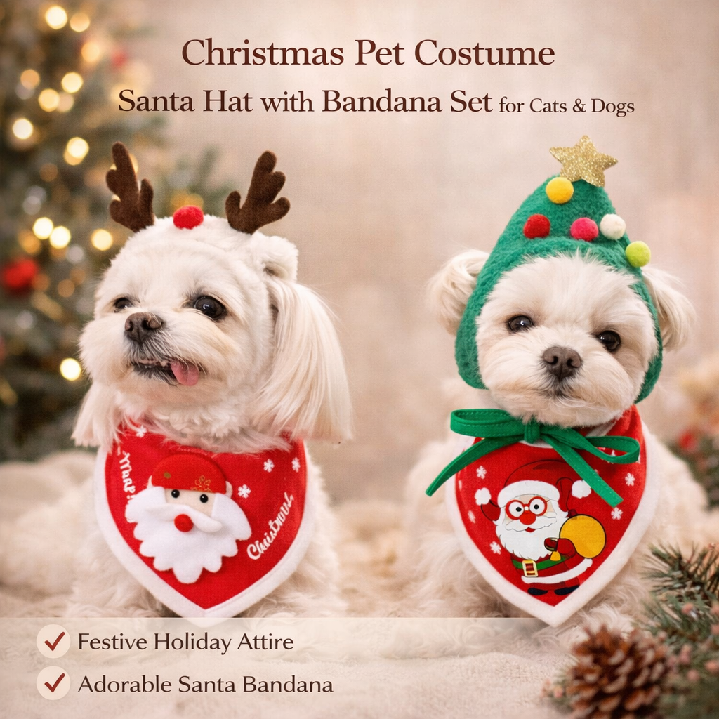 Christmas Pet Costume Santa Hat with Bandana Set for Cats Dogs