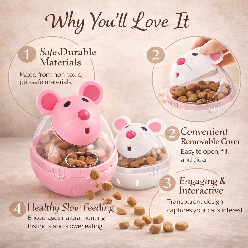 Pet Feeder Cat Toy Mouse Rolling Food Dispenser Bowl For Kittens