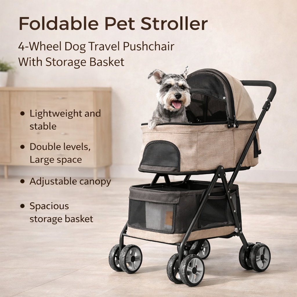 Foldable Pet Stroller 4-Wheel Dog Travel Pushchair With Storage Basket