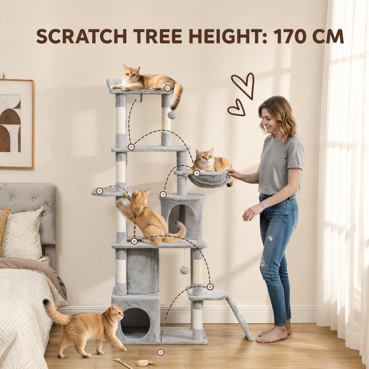 PawHut 170cm Cat Tower Scratching Post With Cave And Plush Balls