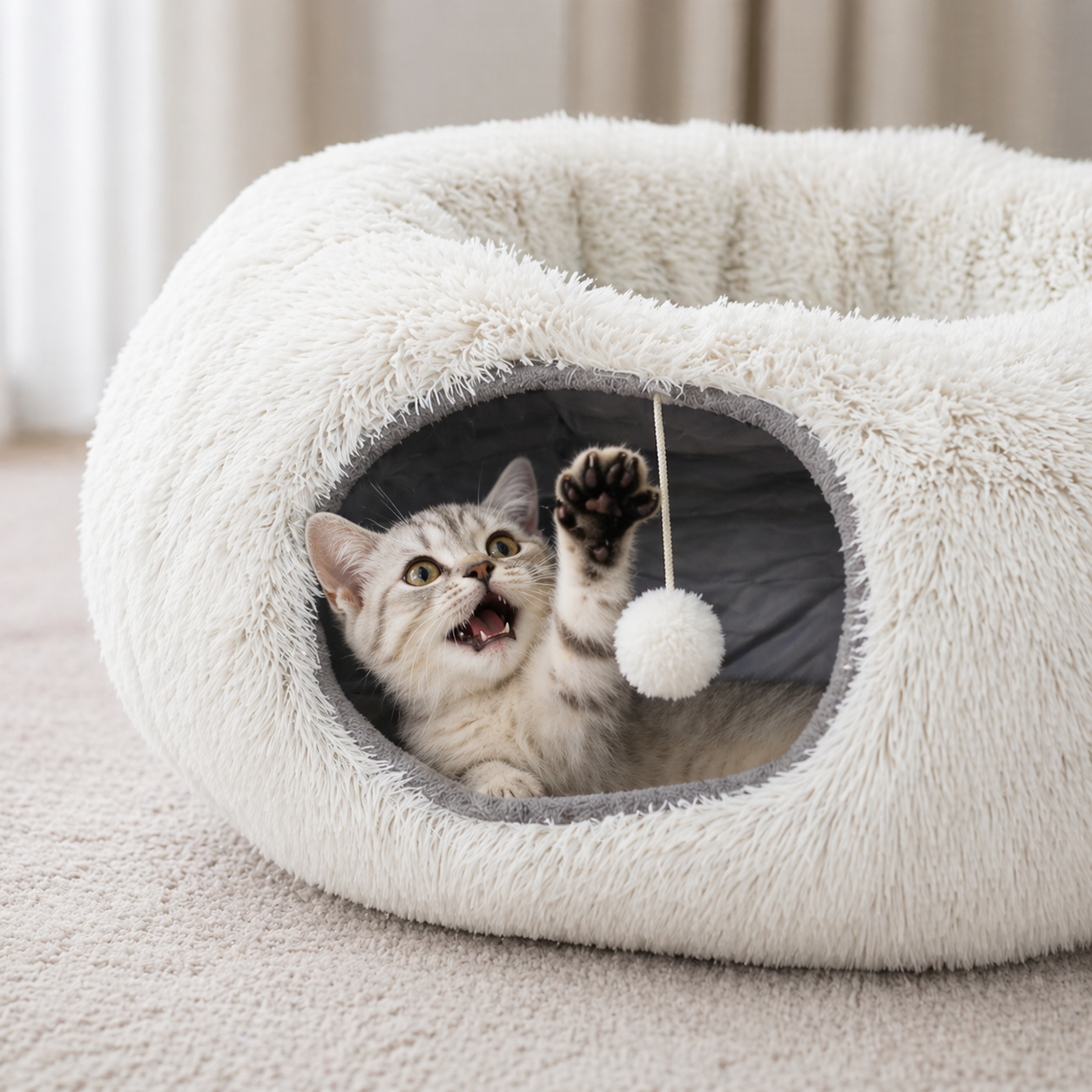 Winter Plush Cat Tunnel Bed - Foldable Two-in-One Pet Nest