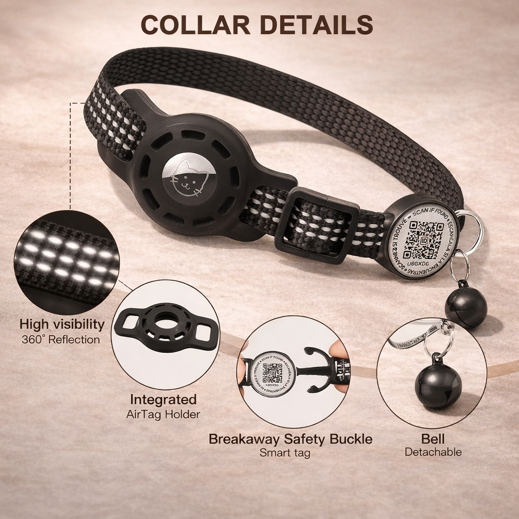 Cat GPS Collar With QR Code Tag And Airtag Case Reflective Breakaway