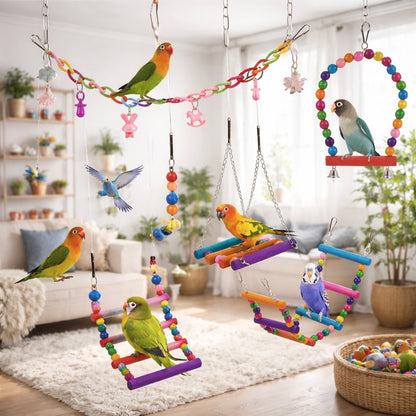 Bird Cage Toys 11 Piece Wooden Parrot Swing Set With Chewable Beads