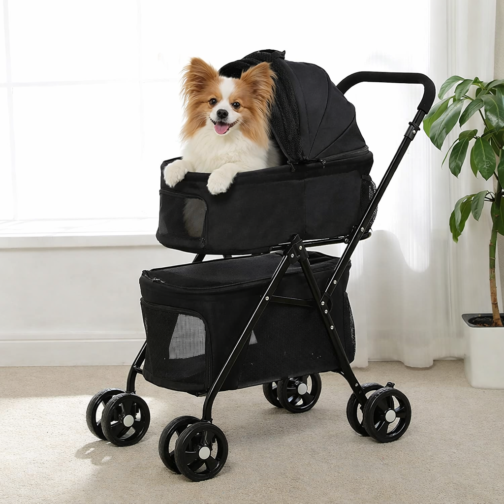 Foldable Pet Stroller 4-Wheel Dog Travel Pushchair With Storage Basket