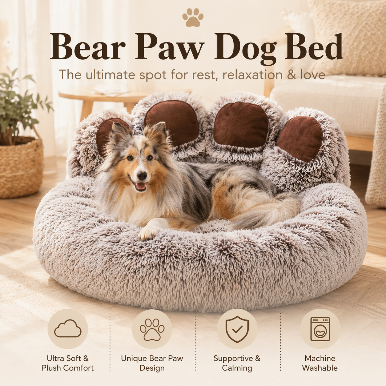 Bear Paw Dog Bed - Soft Fluffy Pet Sofa for Small Medium Large Dogs