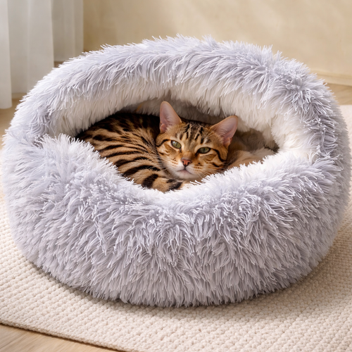 2 In 1 Soft Plush Pet Bed With Cover Round Cat Bed For Small Dogs
