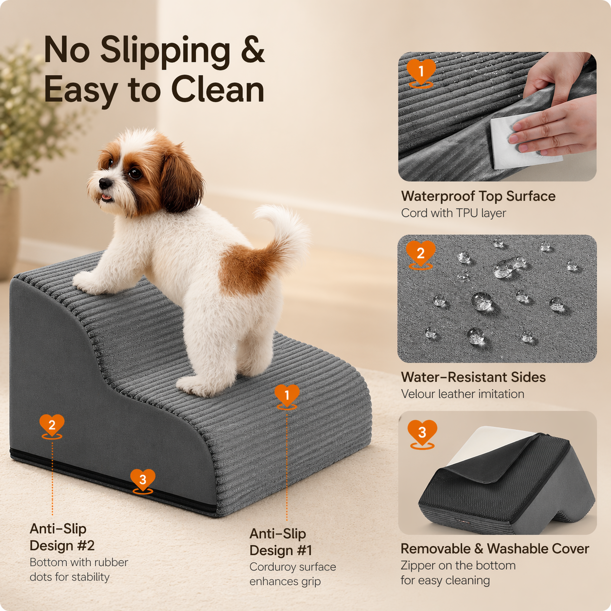 Dog Stairs 2-Step Pet Stair With Non-Slip Washable Cover