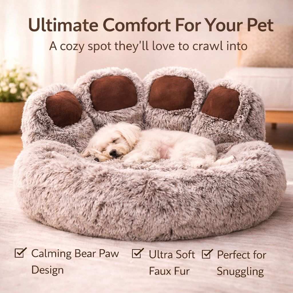 Bear Paw Dog Bed - Soft Fluffy Pet Sofa for Small Medium Large Dogs