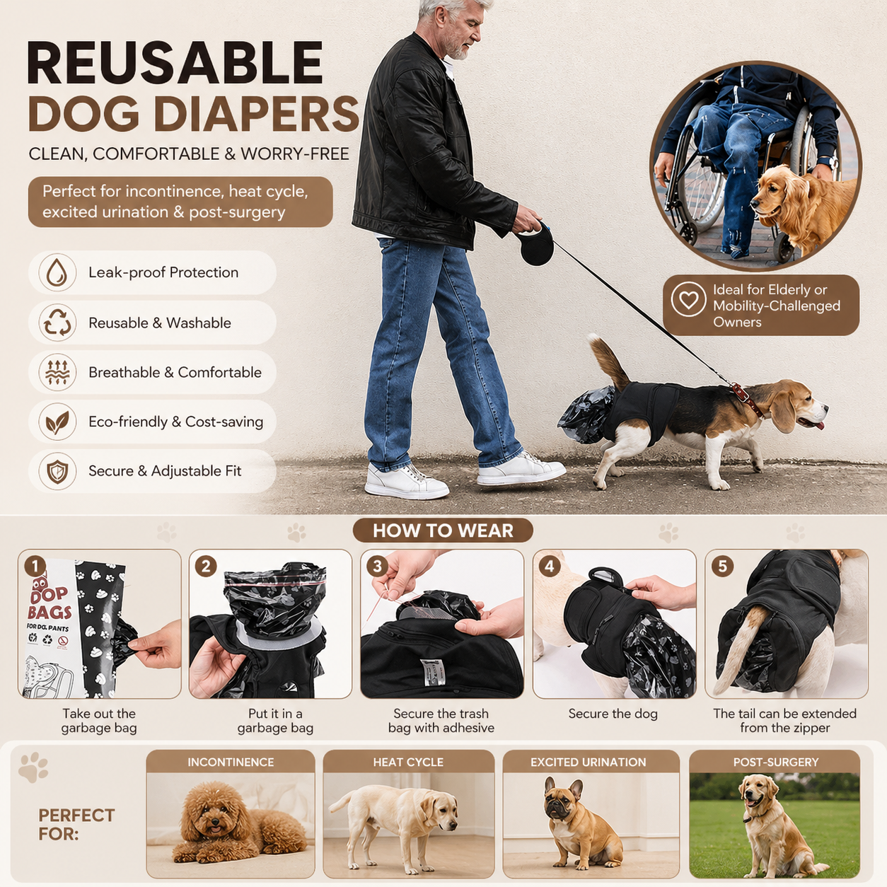 Female Dog Diapers Reusable Washable For Small Medium Large Dogs