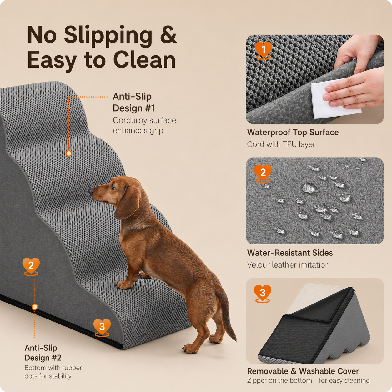 Pet Stairs With Non-Slip Washable Cover Gray