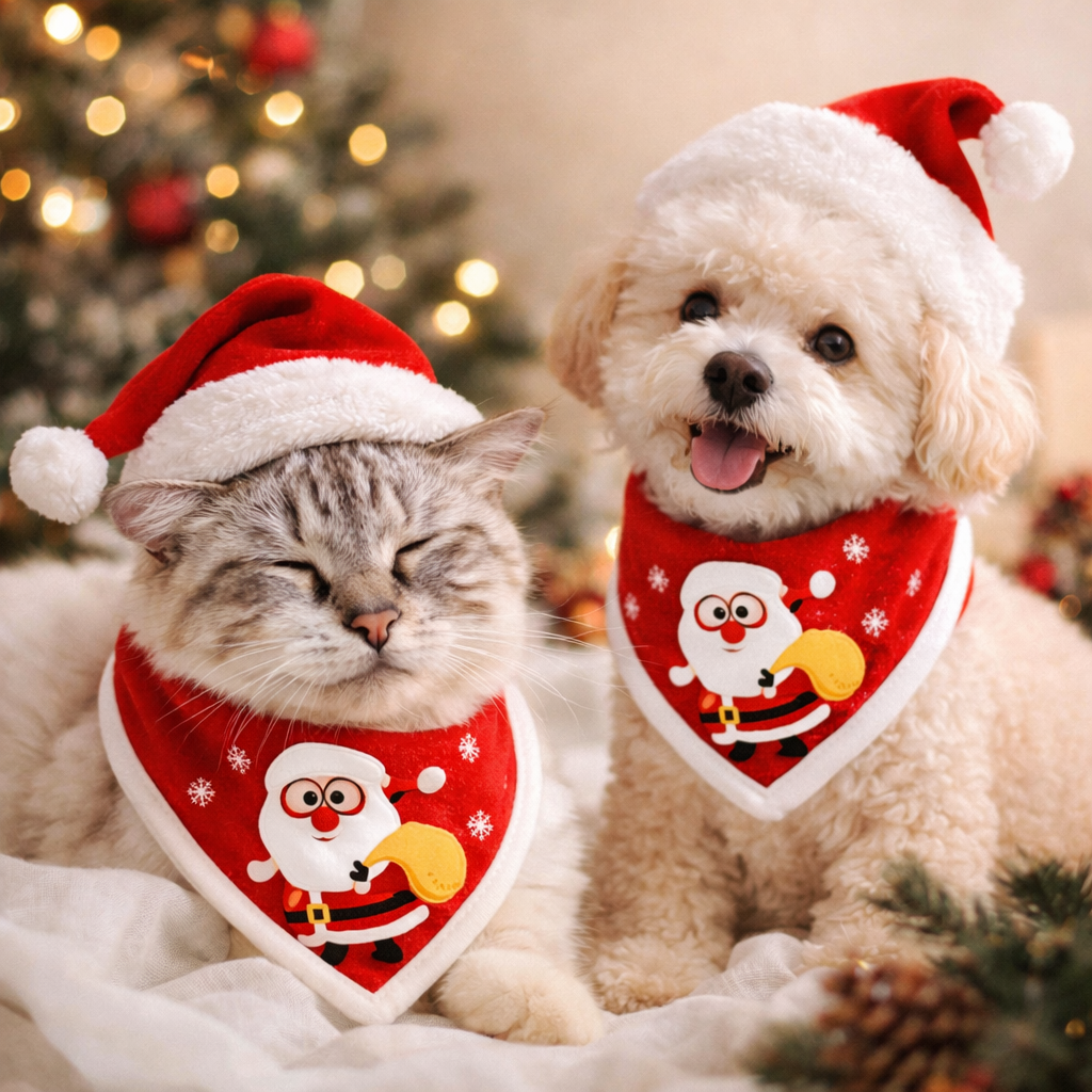 Christmas Pet Costume Santa Hat with Bandana Set for Cats Dogs