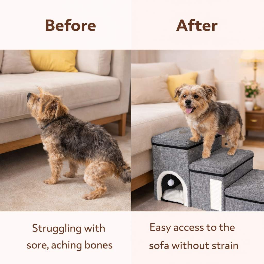 3-Level Foldable Dog Stairs With Storage - Pet Steps For Bed & Sofa