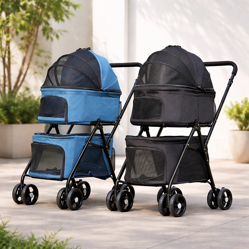 Foldable Pet Stroller 4-Wheel Dog Travel Pushchair With Storage Basket