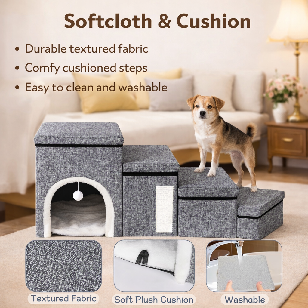 3-Level Foldable Dog Stairs With Storage - Pet Steps For Bed & Sofa