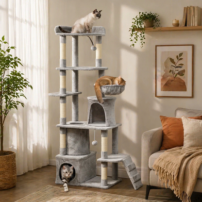 PawHut 170cm Cat Tower Scratching Post With Cave And Plush Balls