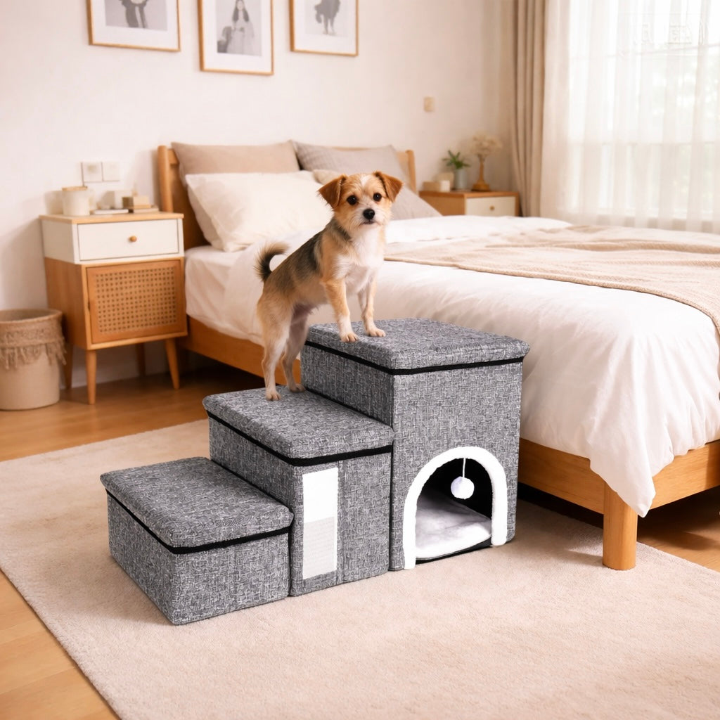3-Level Foldable Dog Stairs With Storage - Pet Steps For Bed & Sofa