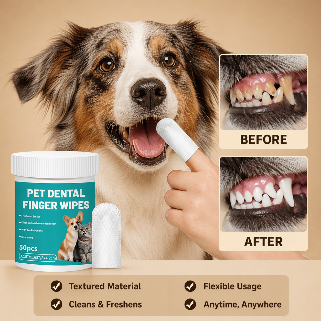 Pet Teeth Cleaning Wipes - Dental Finger Wipes For Dogs Cats