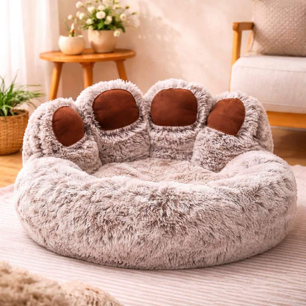 Bear Paw Dog Bed - Soft Fluffy Pet Sofa for Small Medium Large Dogs