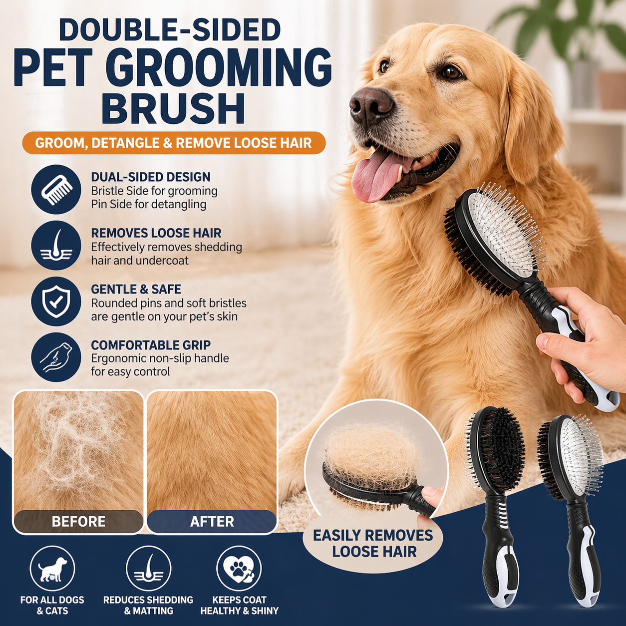 Dog Brush Double-Sided Pet Grooming Comb Hair Remover