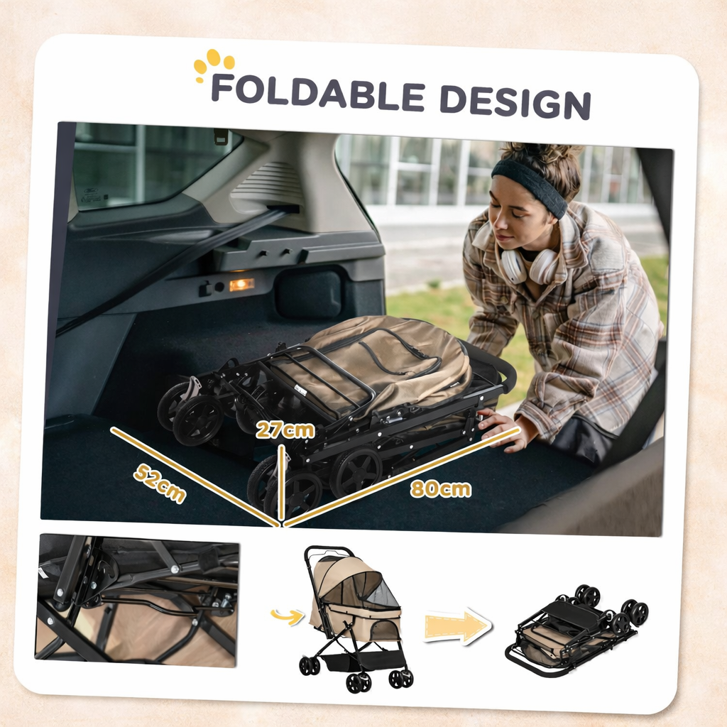 Dog Stroller For Small Dogs And Cats - Light Brown Pet Buggy