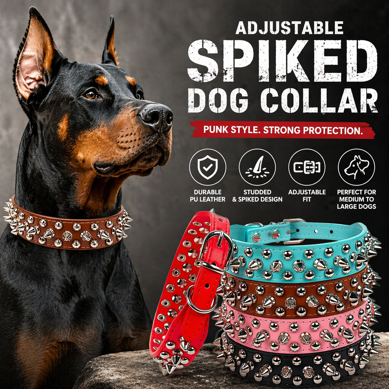 Adjustable Spiked Dog Collar - PU Leather Punk Rivet Pet Collar