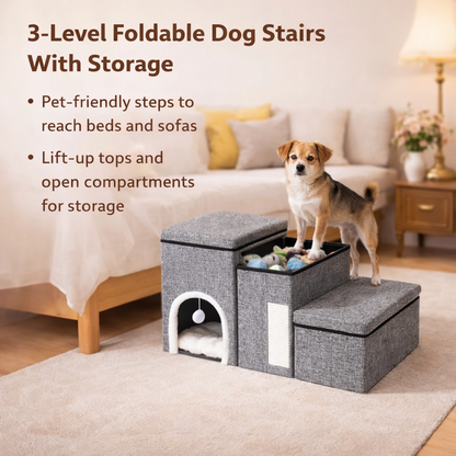 3-Level Foldable Dog Stairs With Storage - Pet Steps For Bed & Sofa