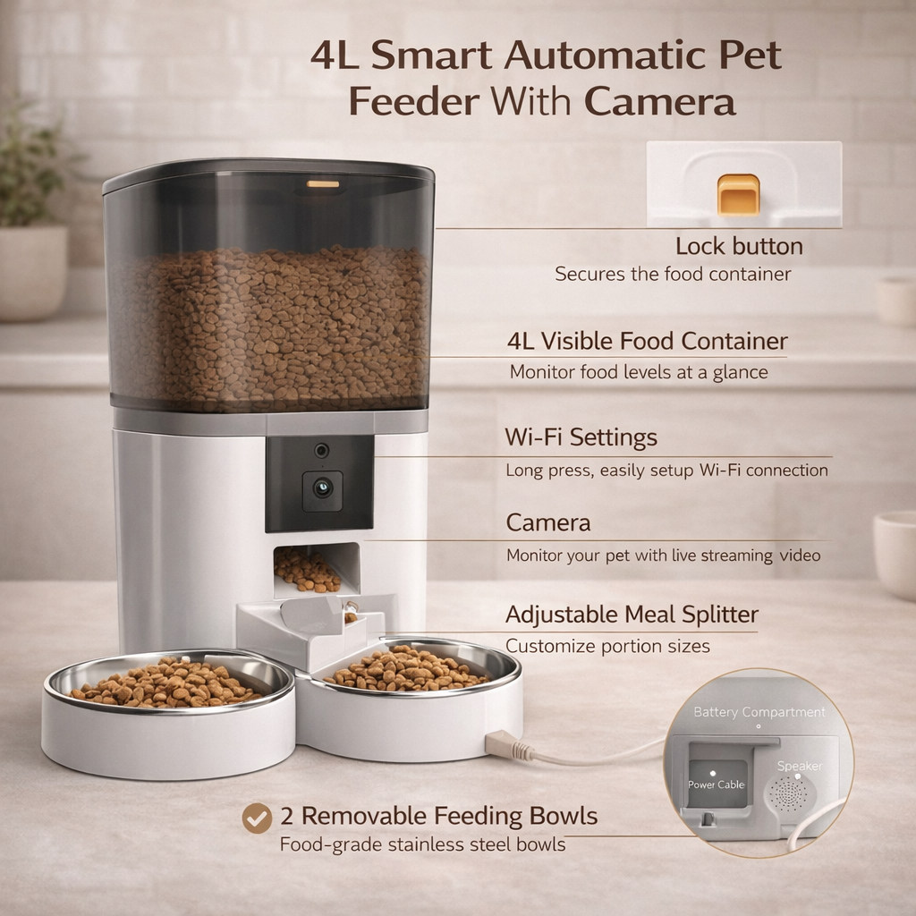 Smart Automatic Pet Feeder With Camera For Dogs And Cats