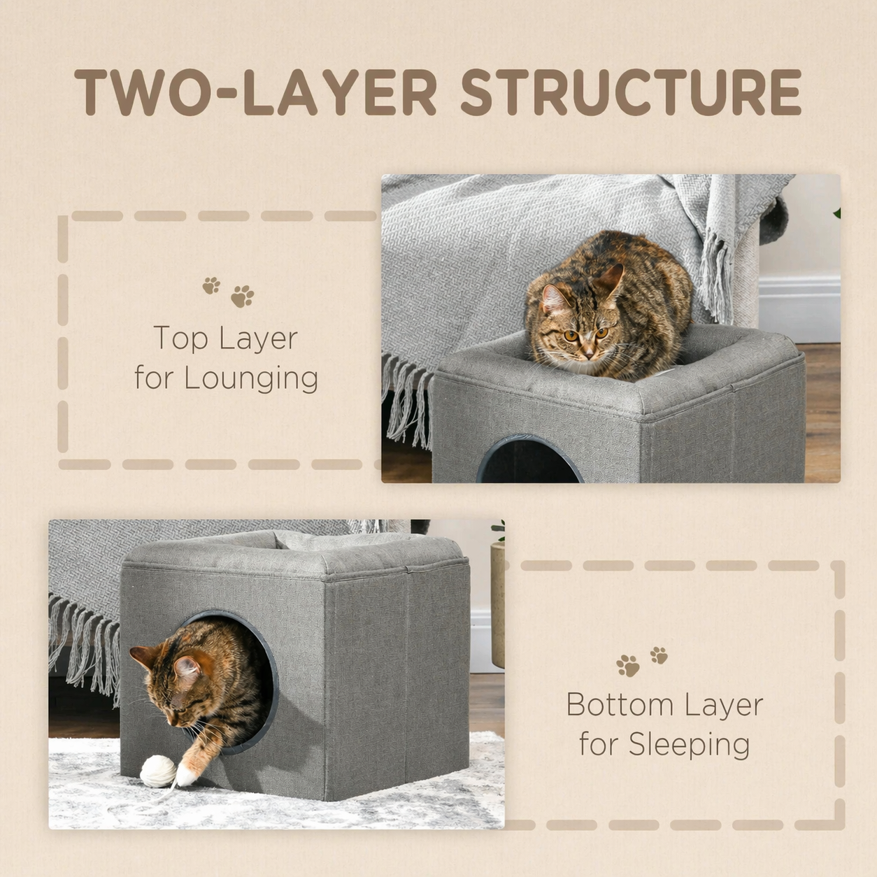 PawHut Cat Cave Two Level Cat House With Pillow And Bed