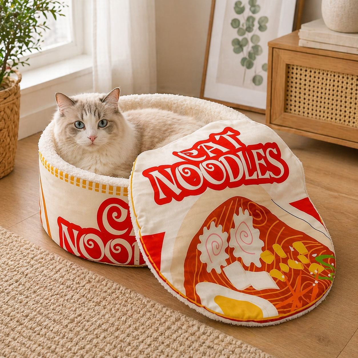 Winter Cartoon Ramen Cat Bed - Warm Semi-Enclosed Washable Pet Nest
