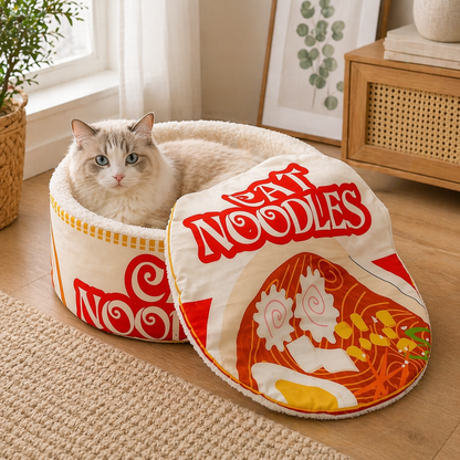 Winter Cartoon Ramen Cat Bed - Warm Semi-Enclosed Washable Pet Nest