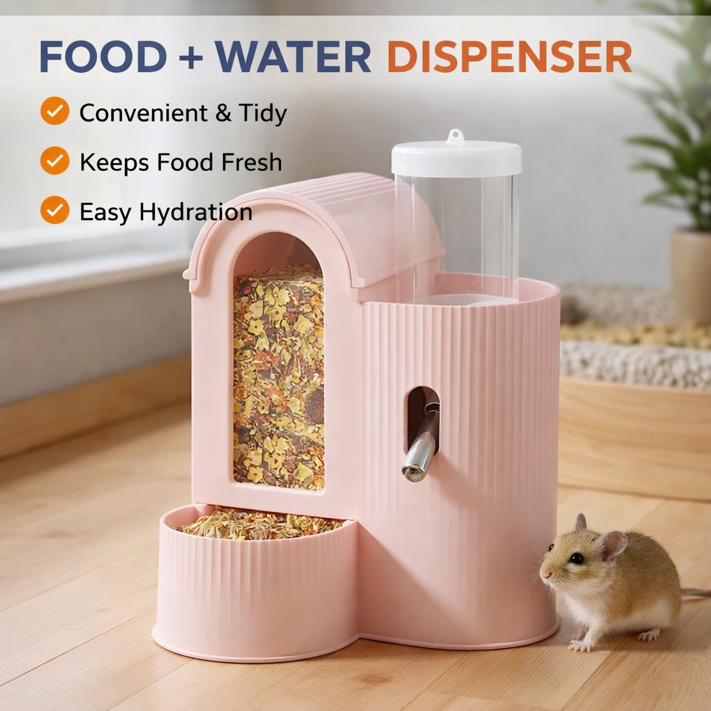 2-in-1 Hamster Feeder Waterer Automatic Food Bowl Pink
