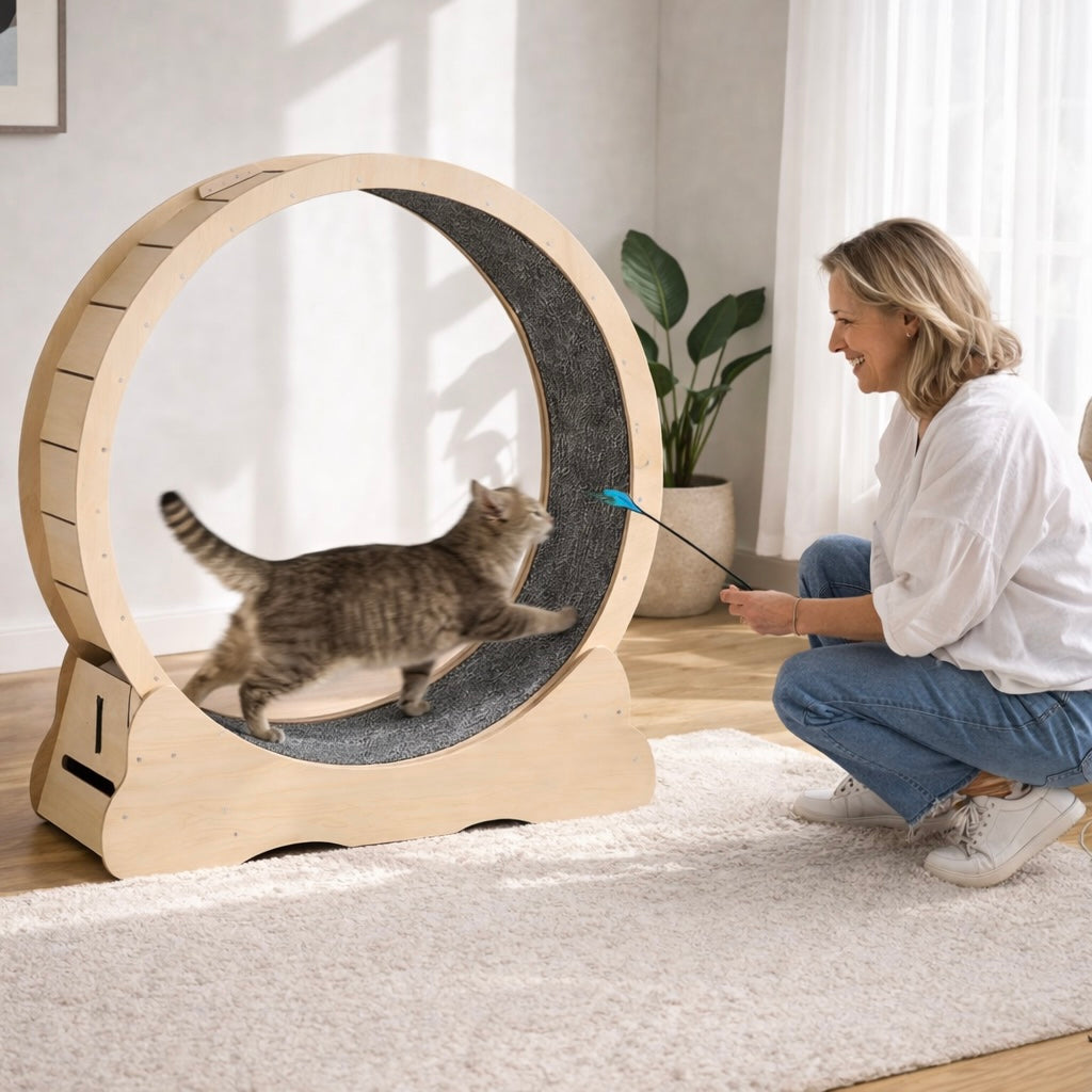 Large Wooden Cat Exercise Wheel With Detachable Carpet