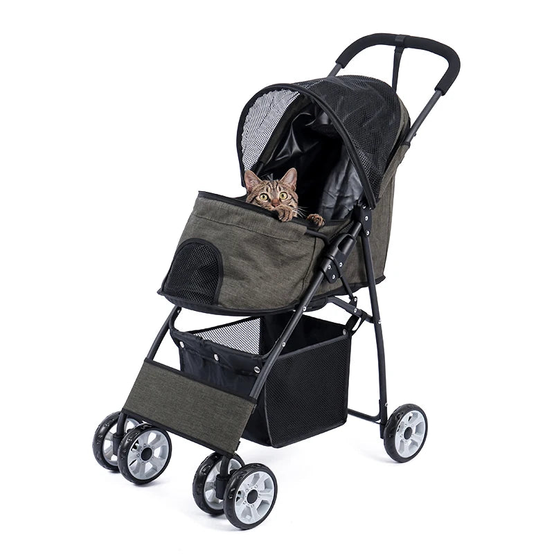 Foldable Pet Stroller 4-Wheel Dog Travel Pushchair With Storage Basket