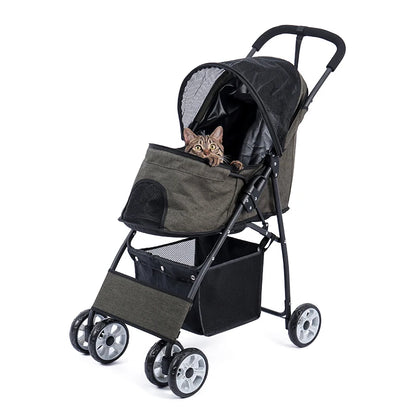 Foldable Pet Stroller 4-Wheel Dog Travel Pushchair With Storage Basket