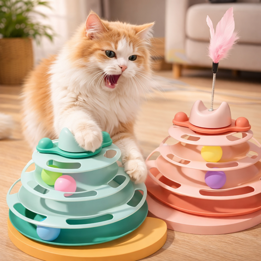 Interactive Cat Toy Tower With Track Balls And Feather