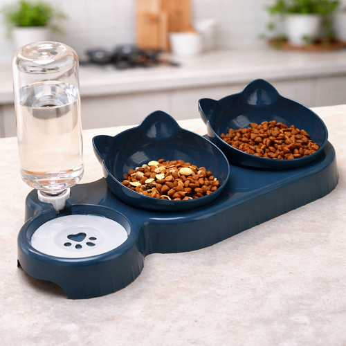 Pet Bowls With Water Feeder - 3 In 1 Tilted Cat Bowl Set