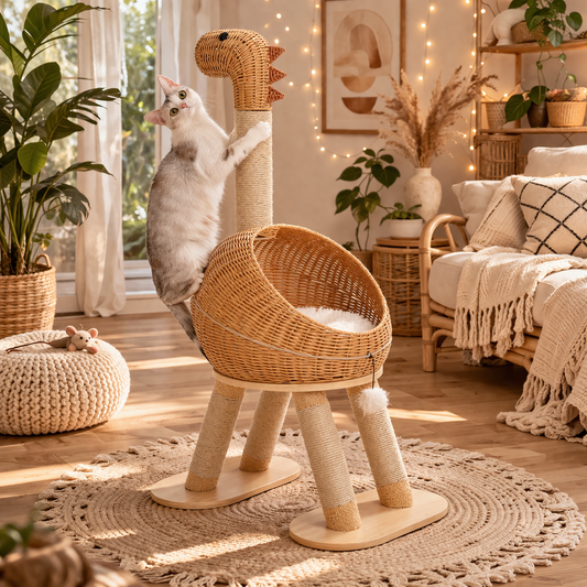 Dinosaur Cat Tree Tower With Sisal Scratching Post Large Rattan Condo