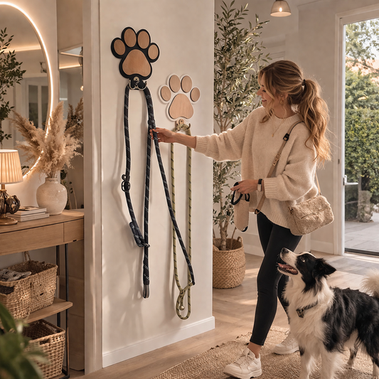 Paw Print Wooden Dog Leash Hanger Wall Hook for Pet Accessories