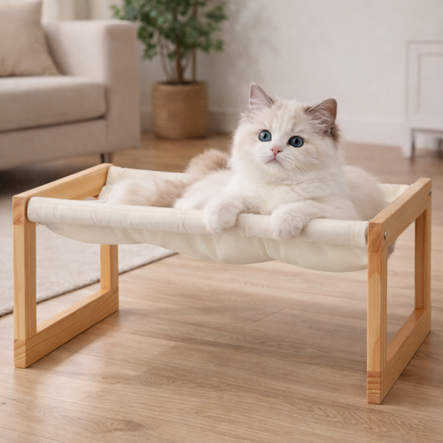 Cat Raised Wooden Bed With Removable Mattress Cover White 10kg